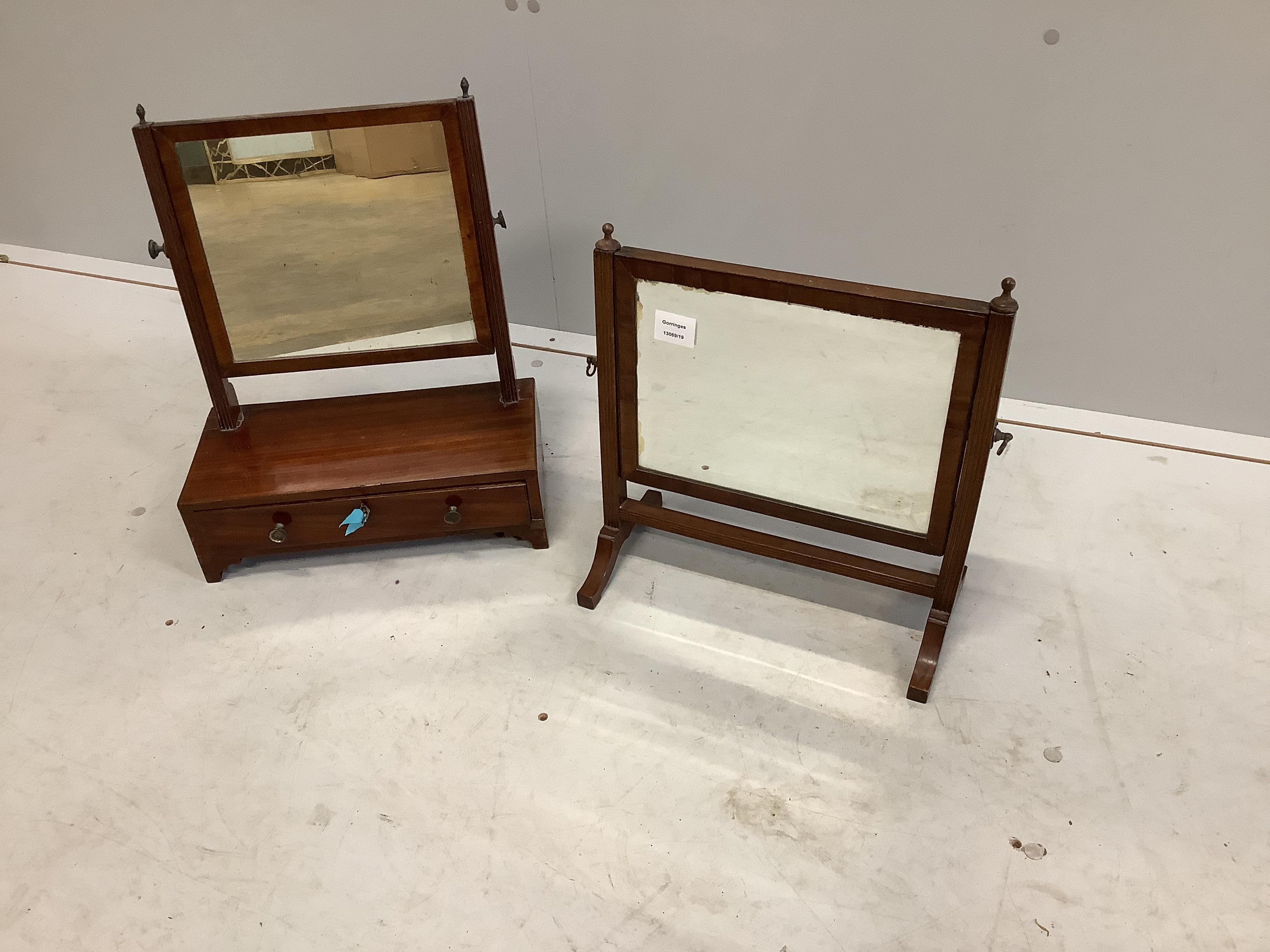 Two 19th century mahogany toilet mirrors, larger width 38cm, height 48cm